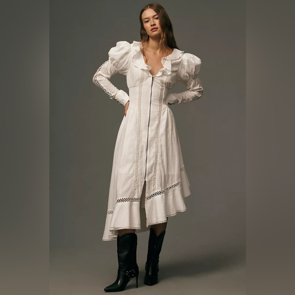 Anthropologie Pilcro Long-Sleeve Asymmetrical Ruffled V-Neck Midi Dress - Picture 3 of 8